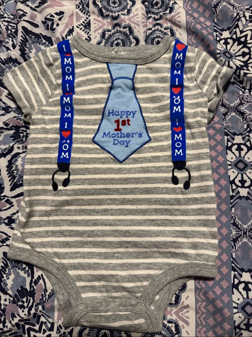 Koala Kids Gray Striped Onesie with Blue Tie and Suspenders Print